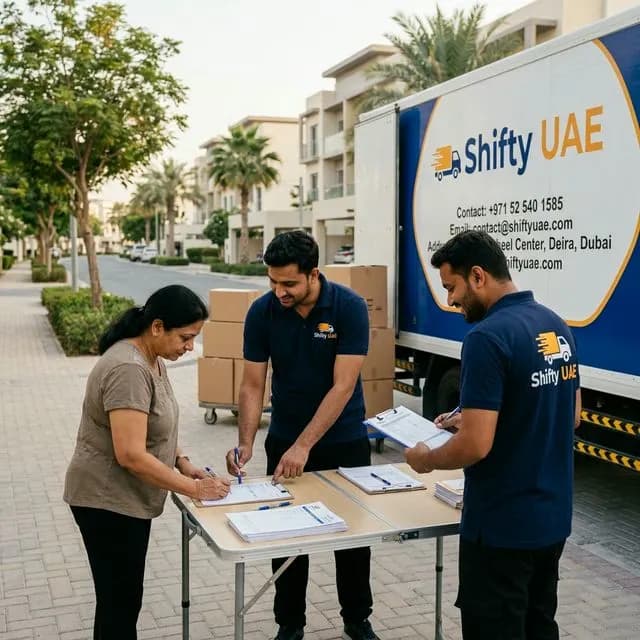 Professional movers checking documents before a Dubai apartment move