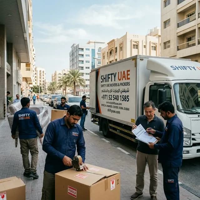 Itemised moving company invoice on a clipboard beside packed boxes in a Dubai apartment